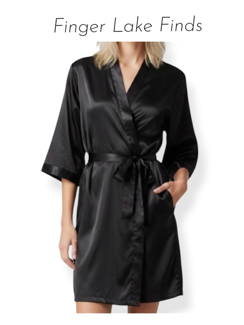 Ambrielle Silky Black Satin Tie Robe, XXL